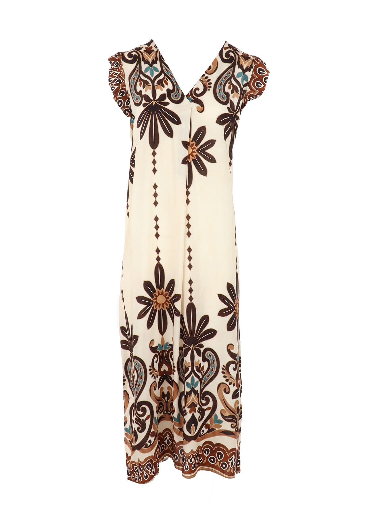 Robe longue écru imprimé turquoise