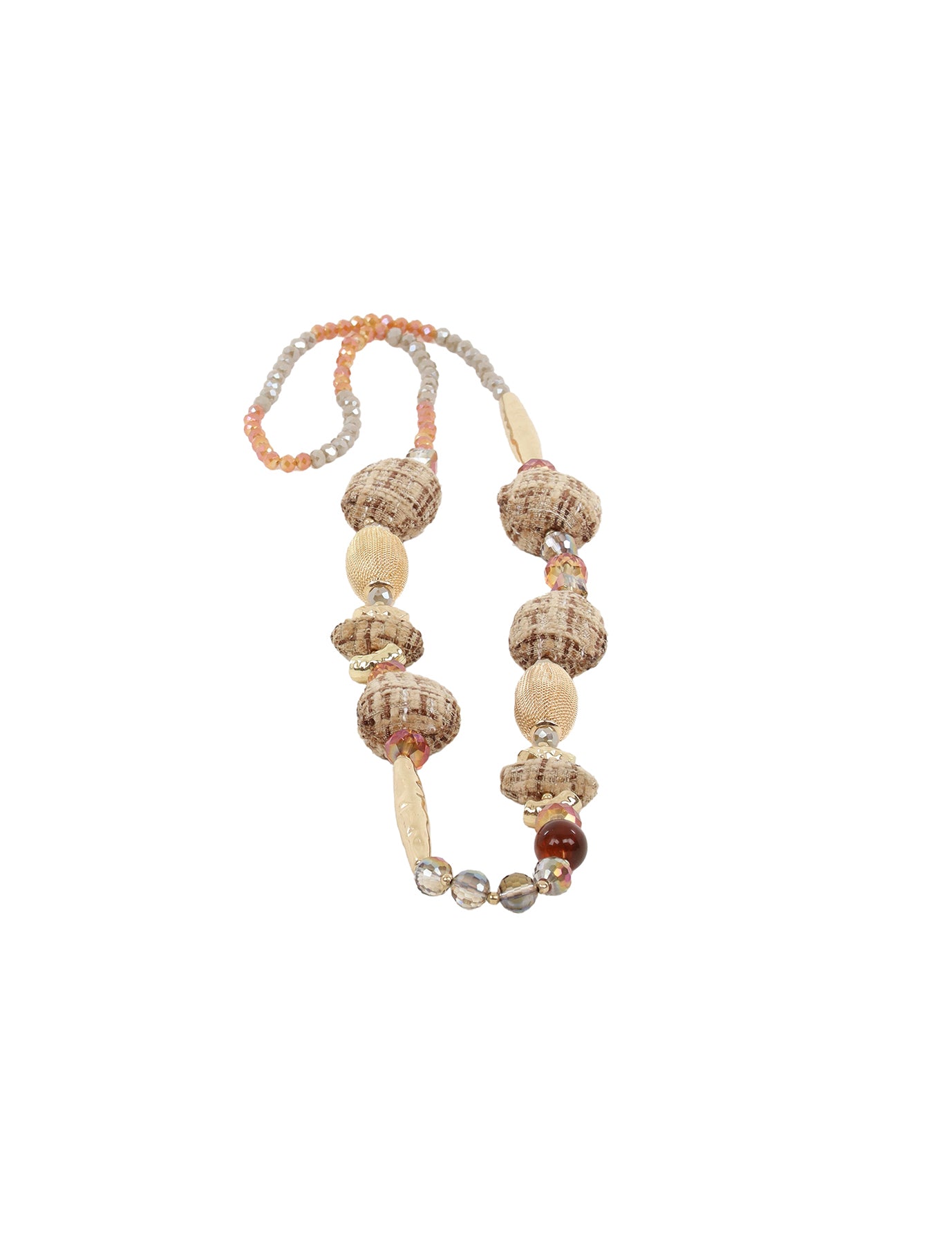 Collier fantaisie long pastilles tissu carreaux camel