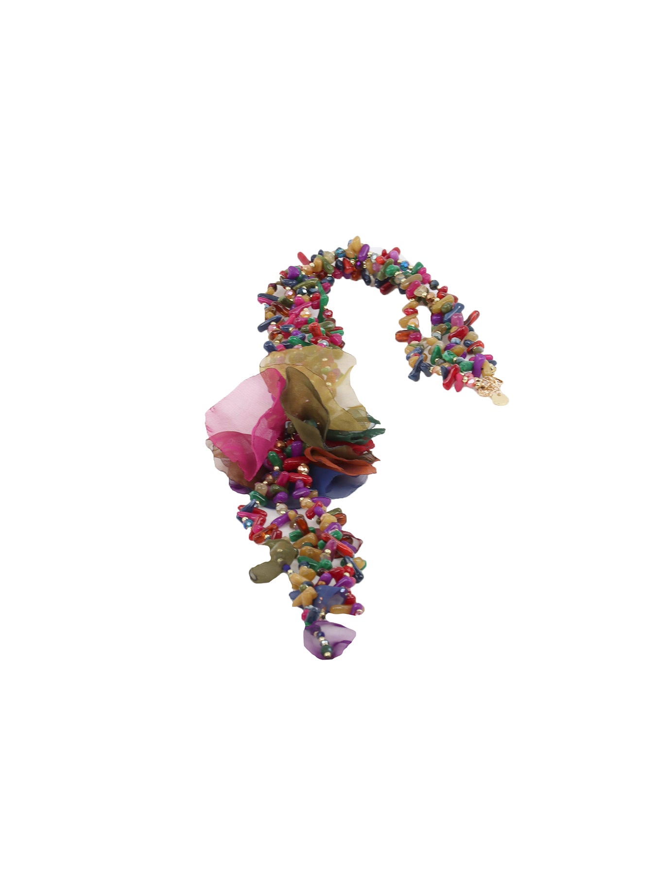 Collier long orné de perles et fleur tissu multicolore