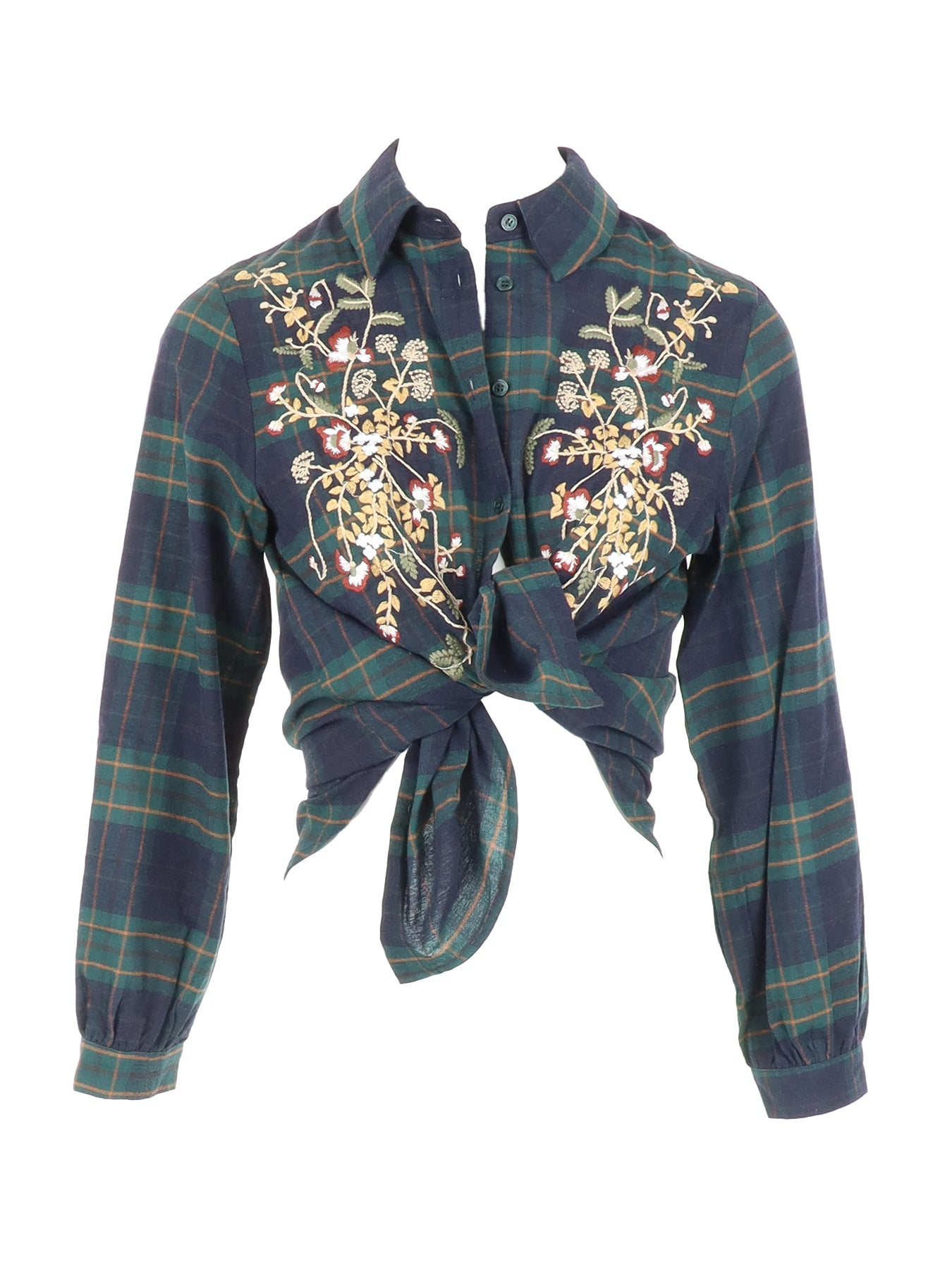 Chemise à carreaux bleu/vert broderie fleurs Carla