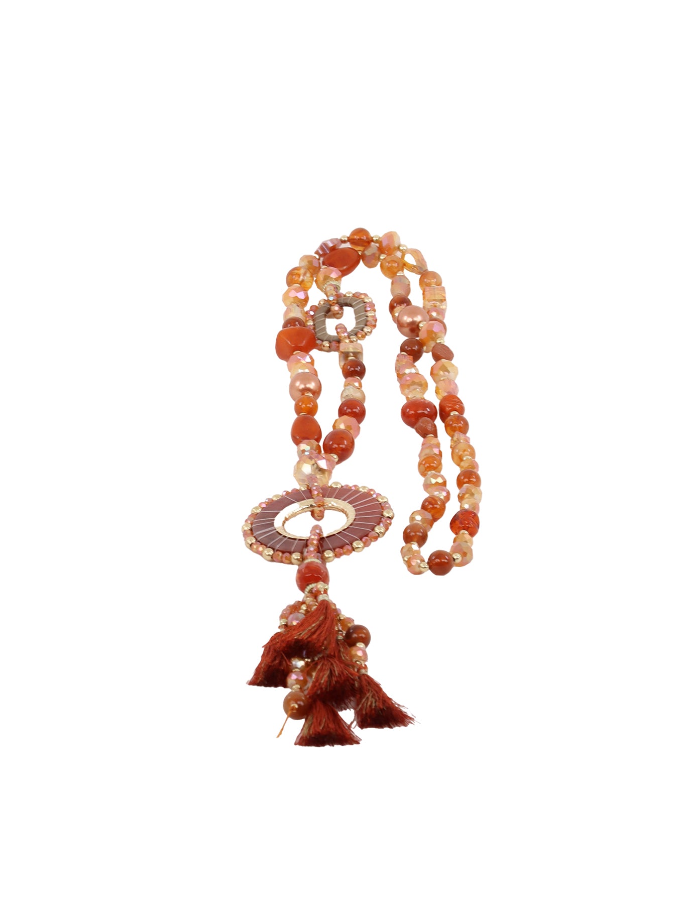 Collier extra long médaillon anneau et pompon brique