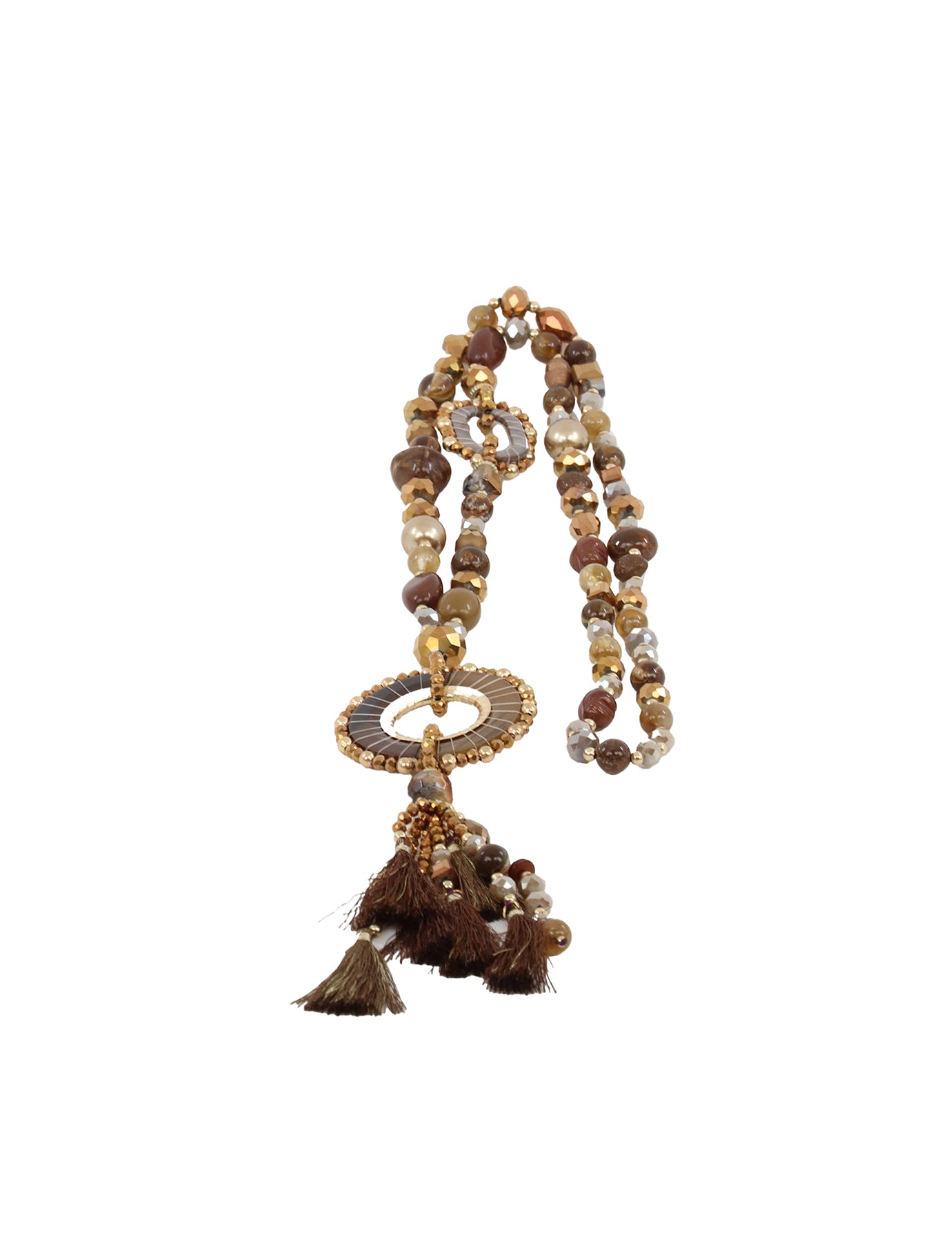 Collier extra long médaillon anneau et pompon / choco