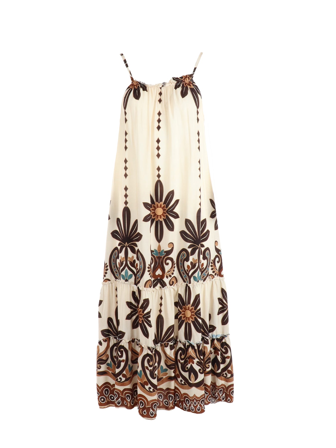 Robe mi-longue bretelles écru imprimé choco/turquois