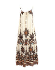 Robe mi-longue bretelles écru imprimé choco/turquois