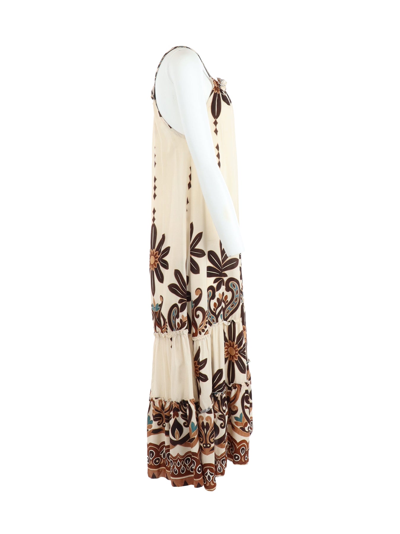 Robe mi-longue bretelles écru imprimé choco/turquois