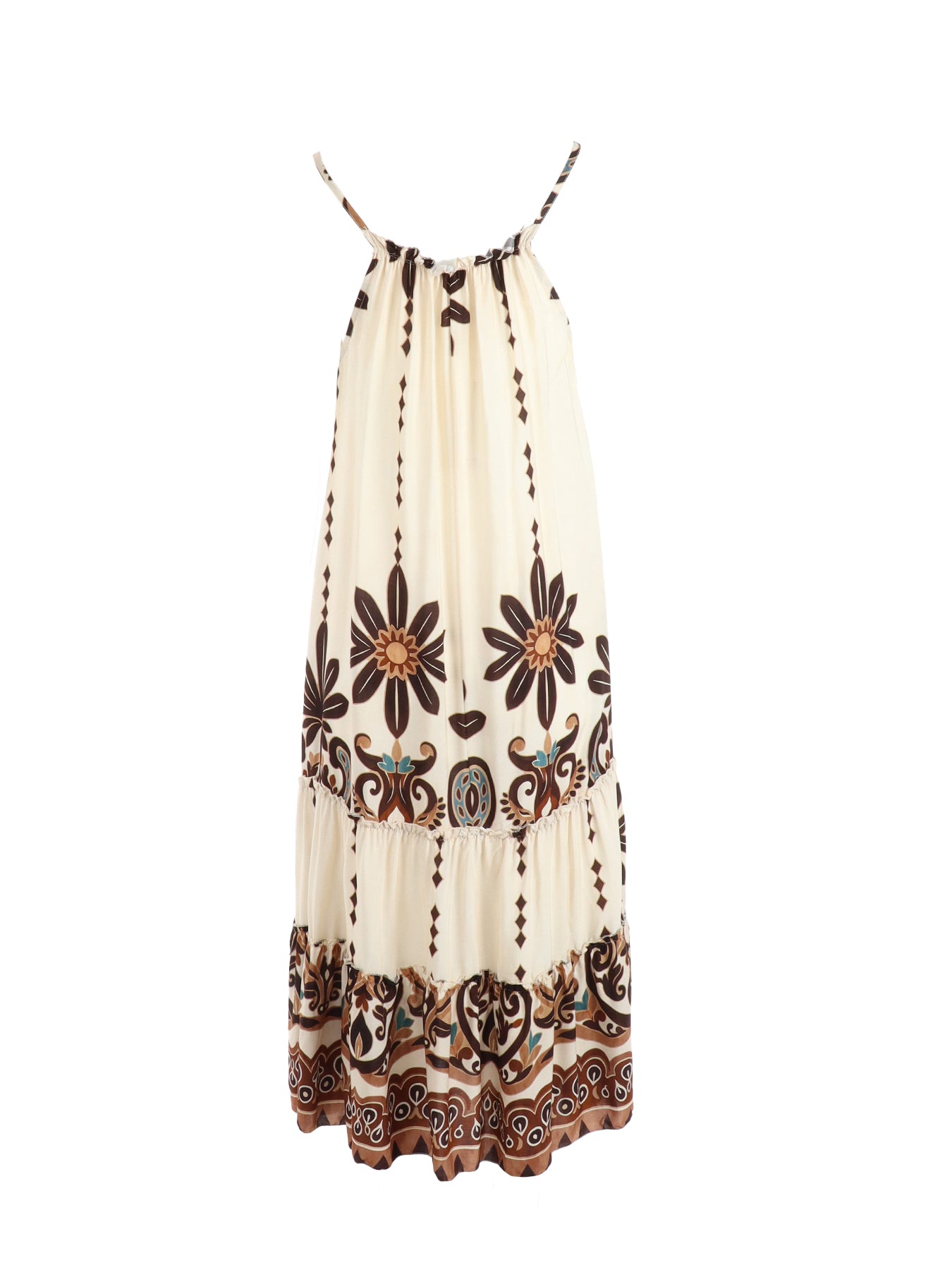 Robe mi-longue bretelles écru imprimé choco/turquois