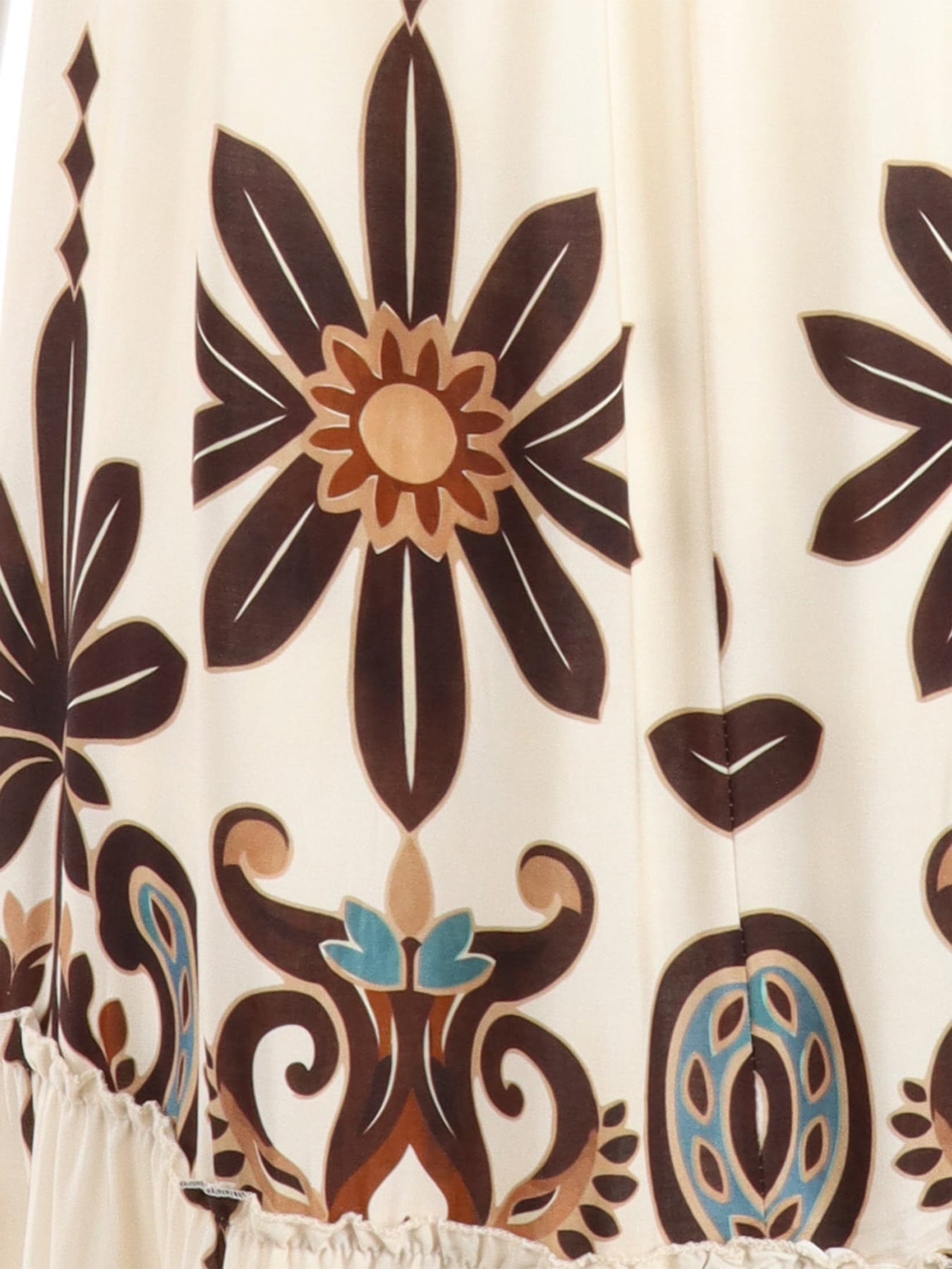 Robe mi-longue bretelles écru imprimé choco/turquois