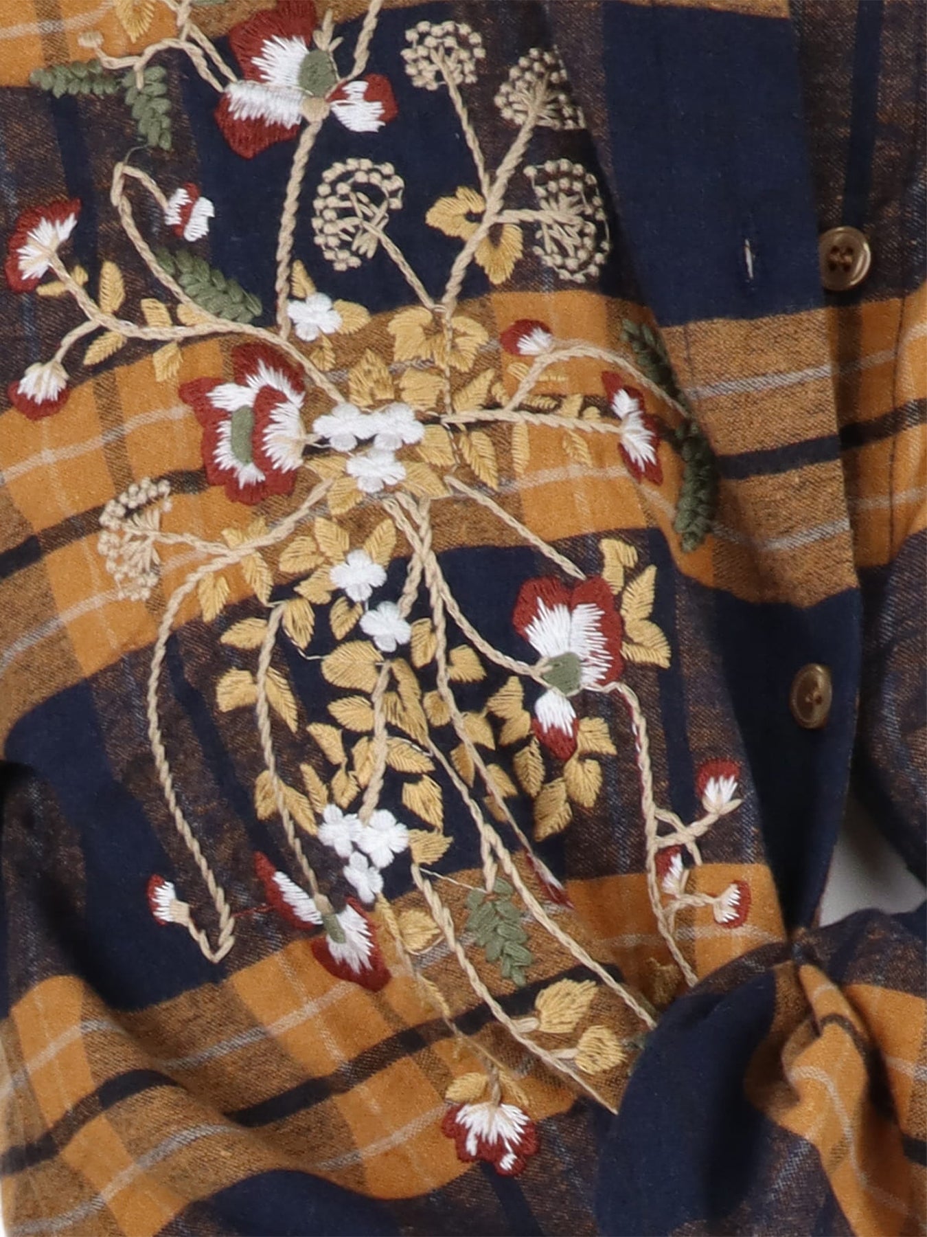 Chemise à carreaux moutarde broderie fleurs Carla