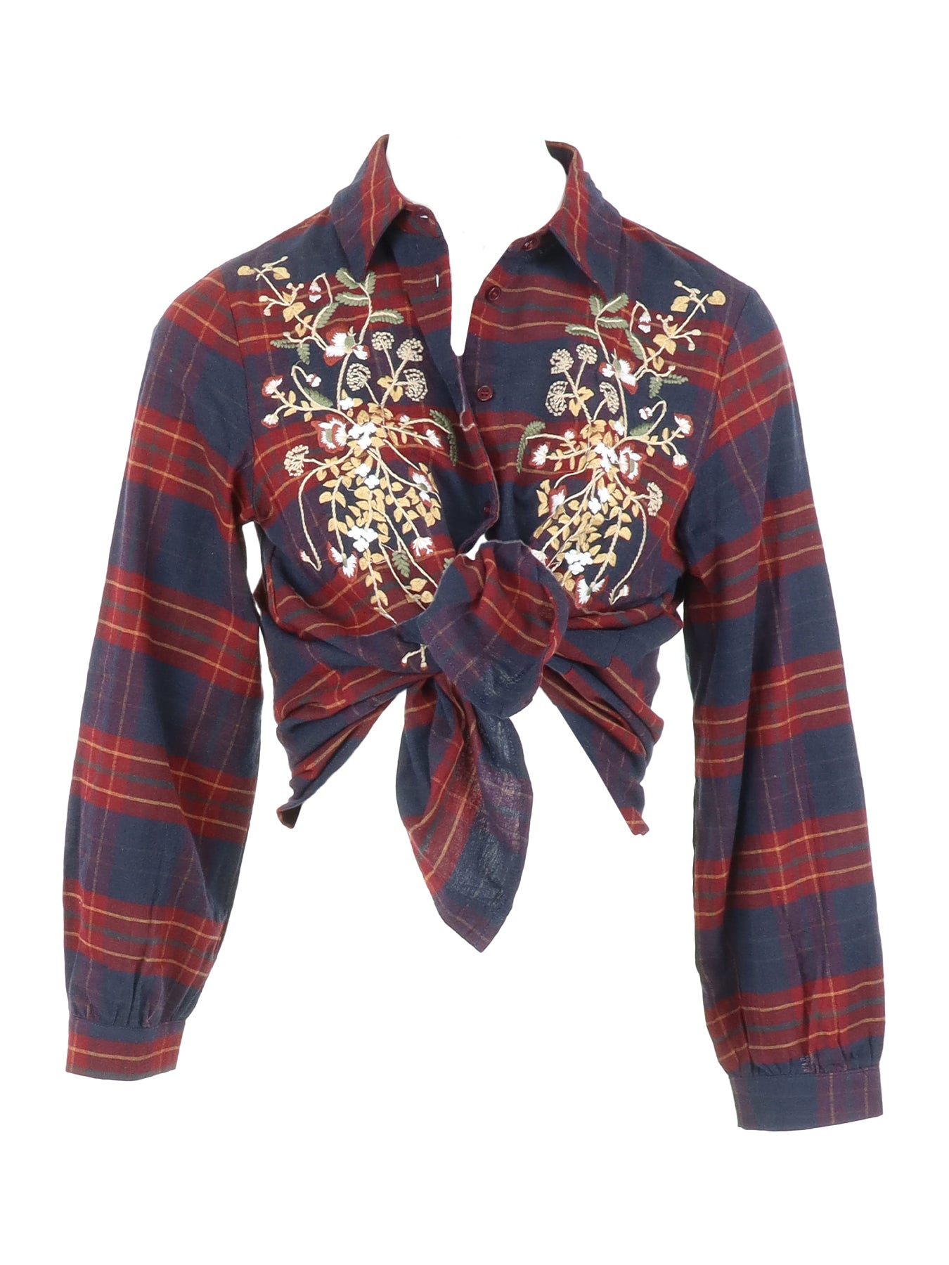 Chemise à carreaux bordeaux broderie fleurs Carla