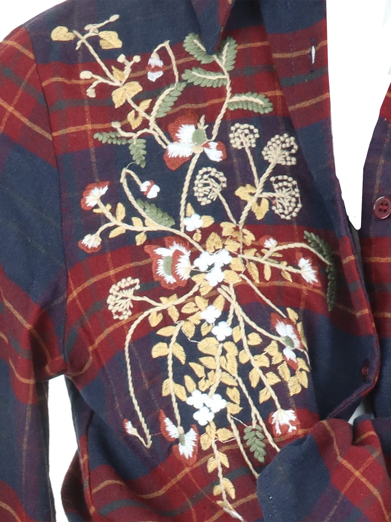 Chemise à carreaux bordeaux broderie fleurs Carla