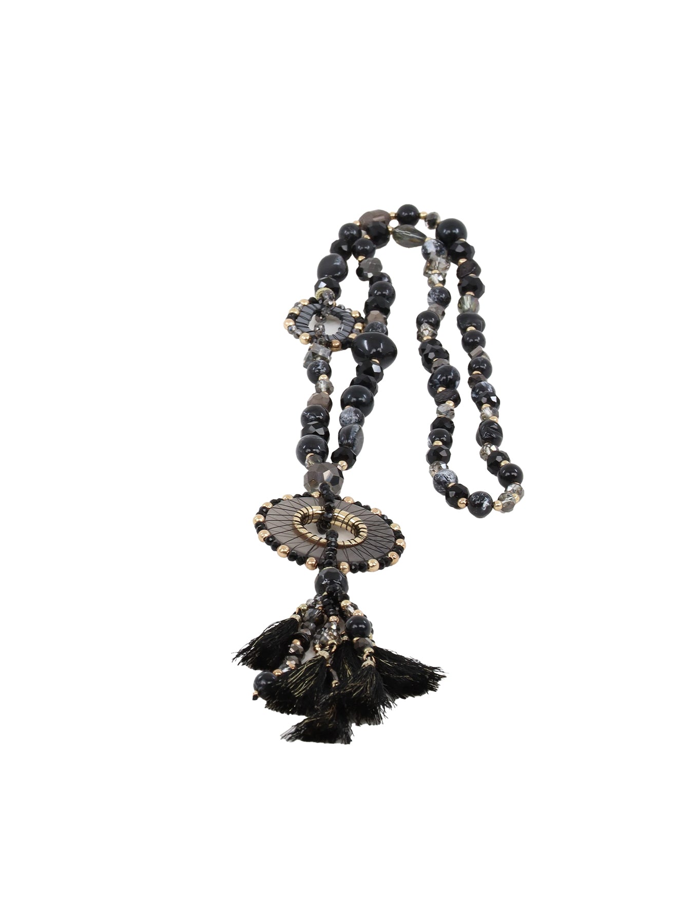 Collier extra long médaillon anneau et pompon /noir