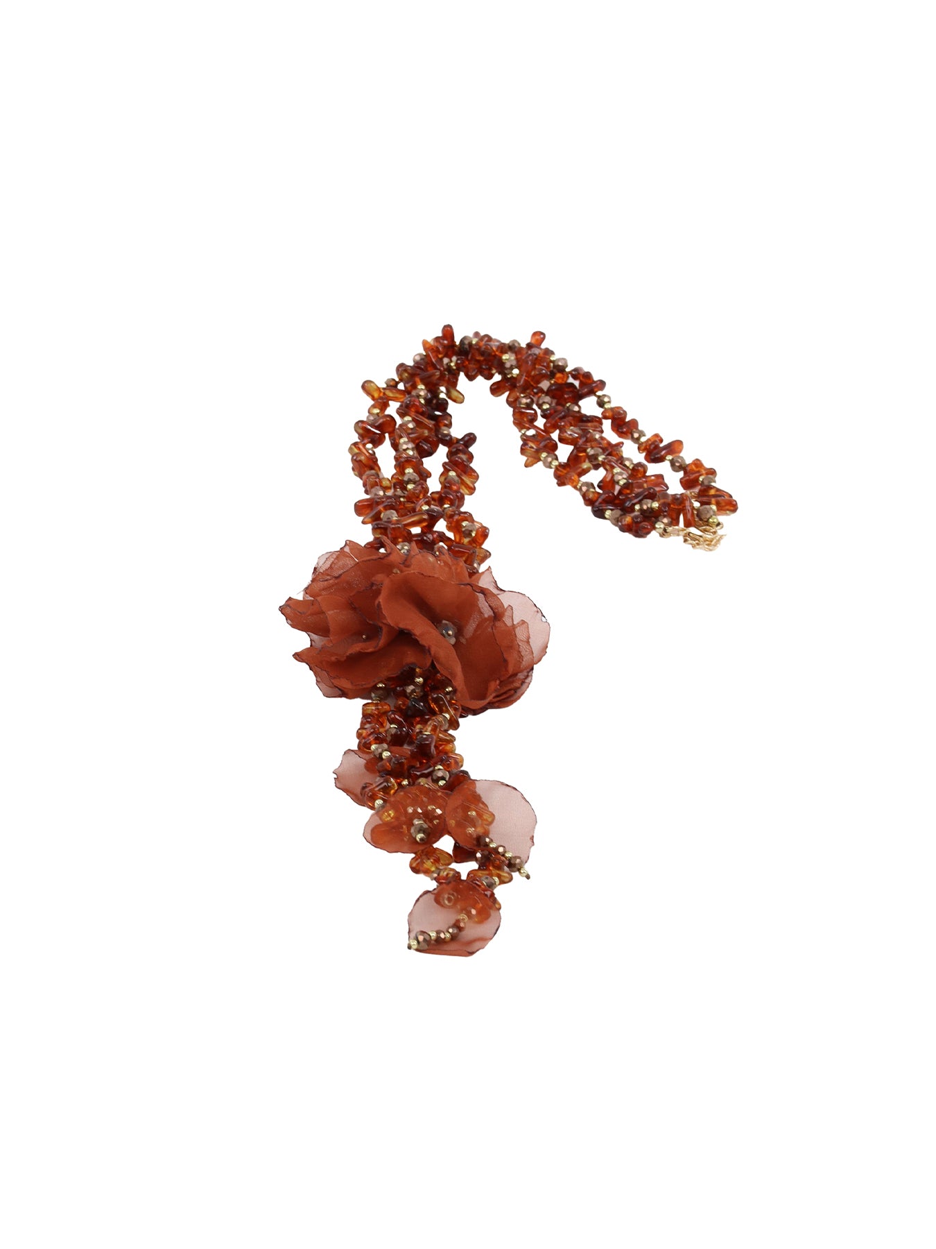 Collier long orné de perles et fleur tissu marron