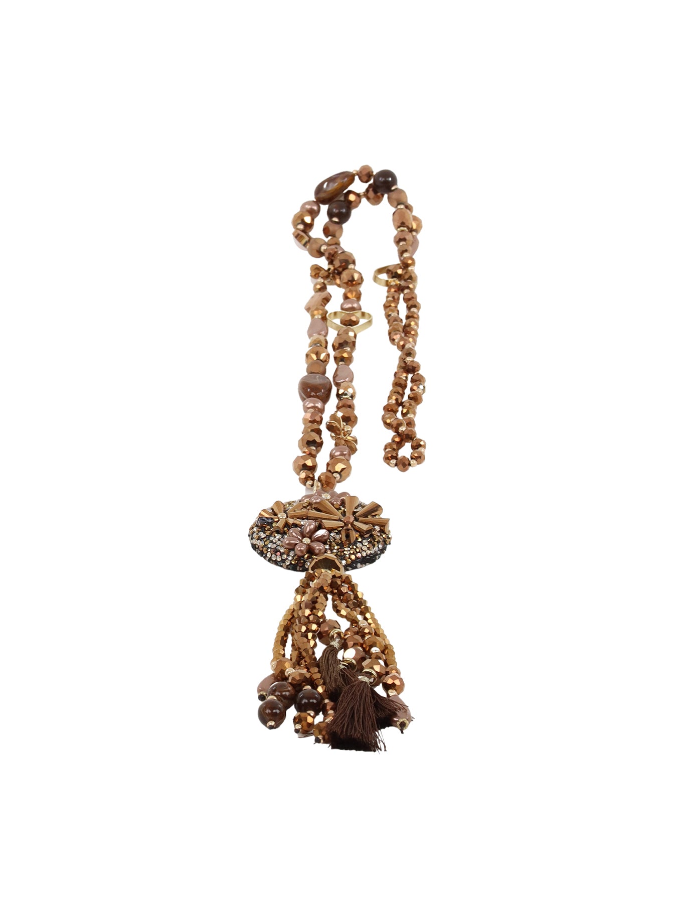 Collier extra long orné de perles et médaillon flocon camel