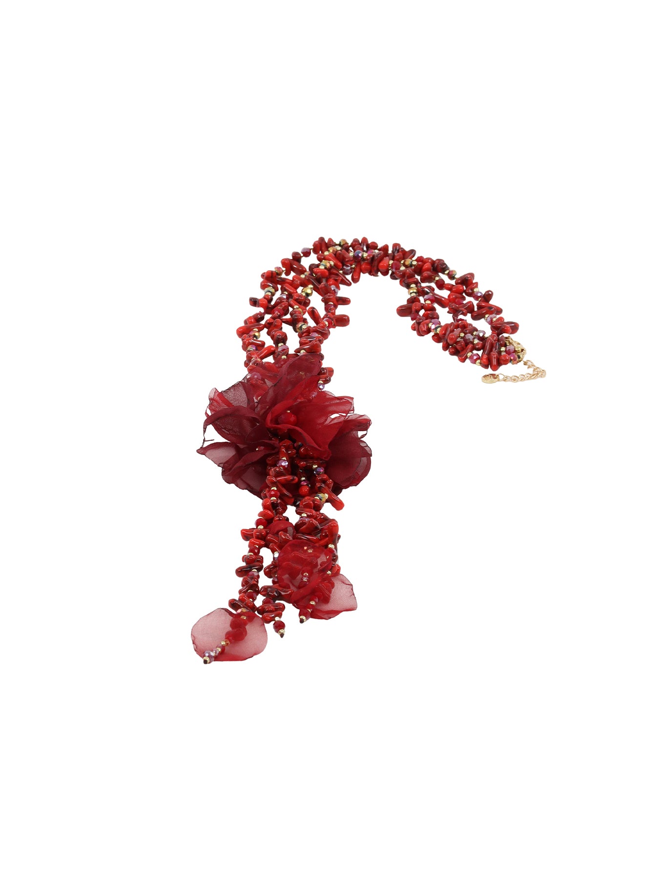 Collier long orné de perles et fleur tissu bordeaux