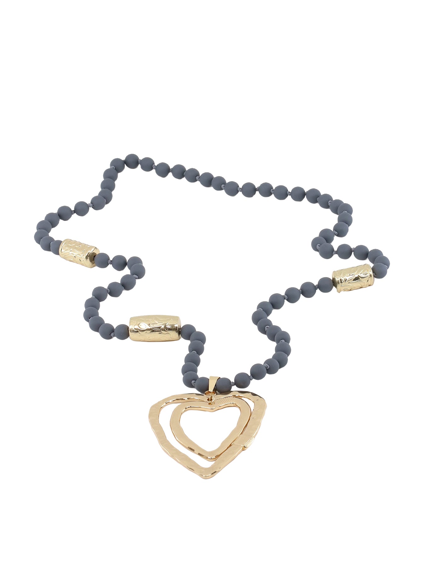 Collier pierres gris double cœur doré