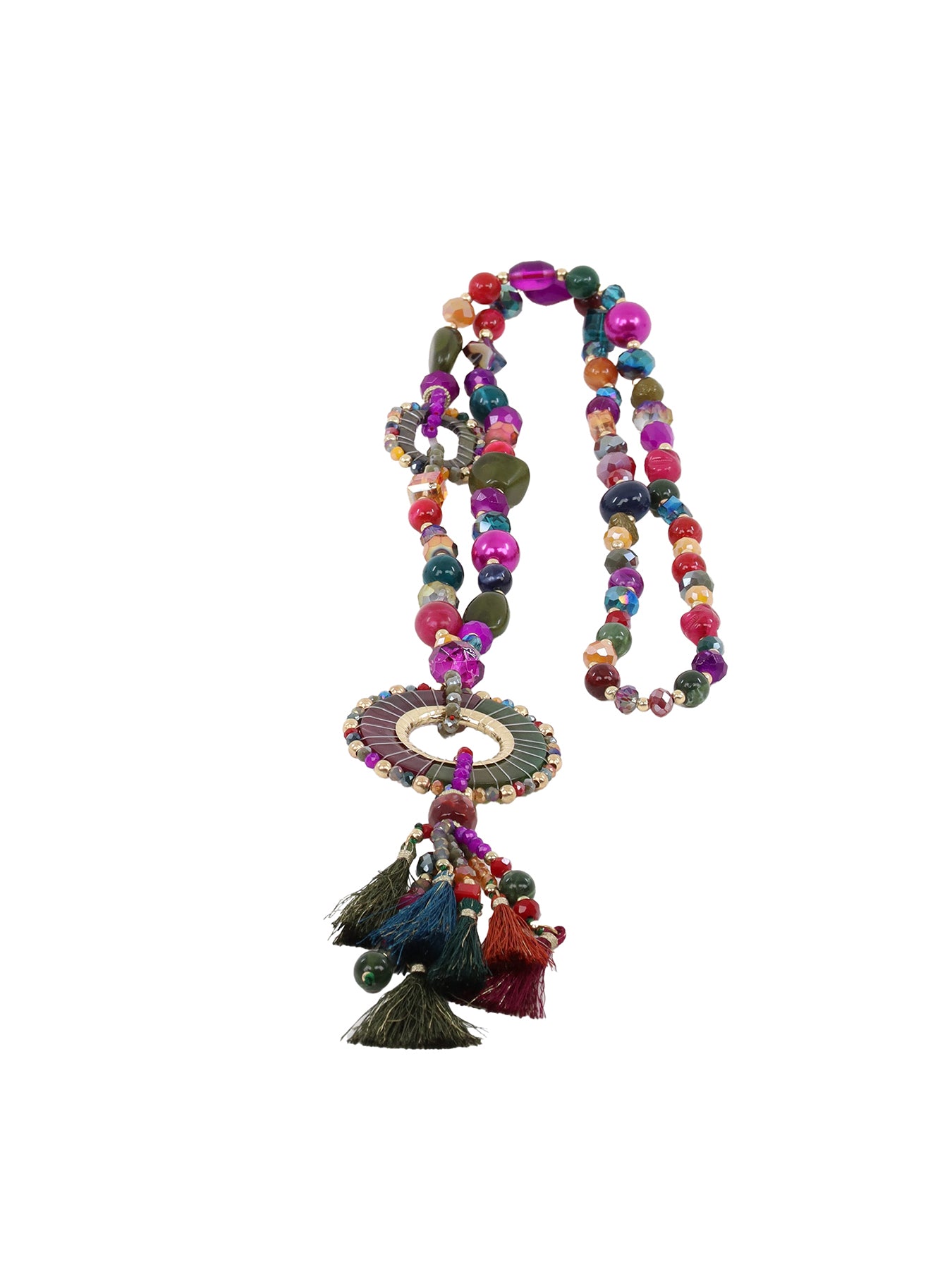 Collier extra long médaillon anneau et pompon/ multicolore