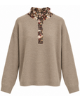 Pull maille beige col chemise frou / motifs fleurs