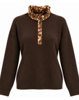 Pull maille cacao col chemise frou / motifs fleurs