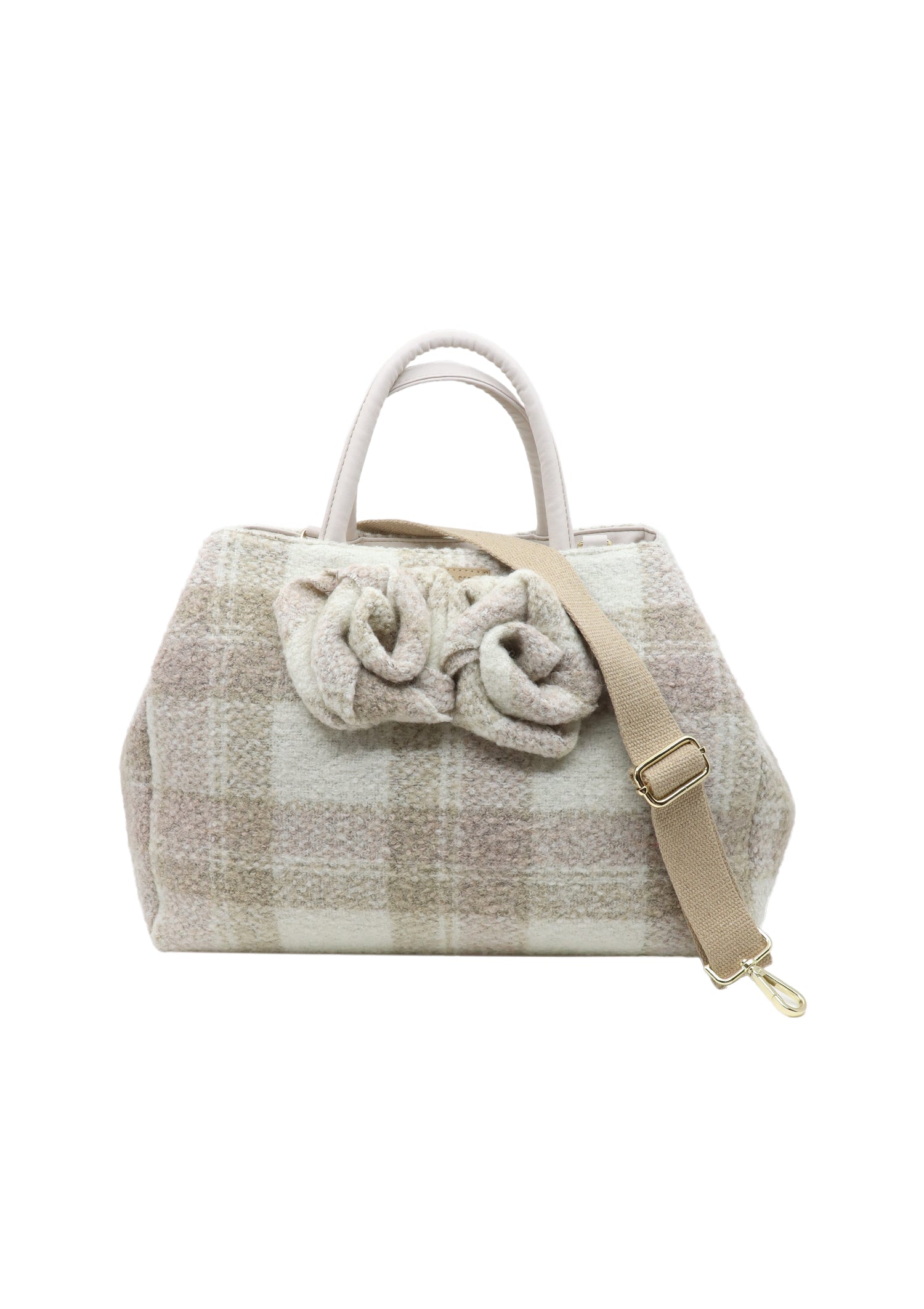 Ecru-beige karierte Handtasche