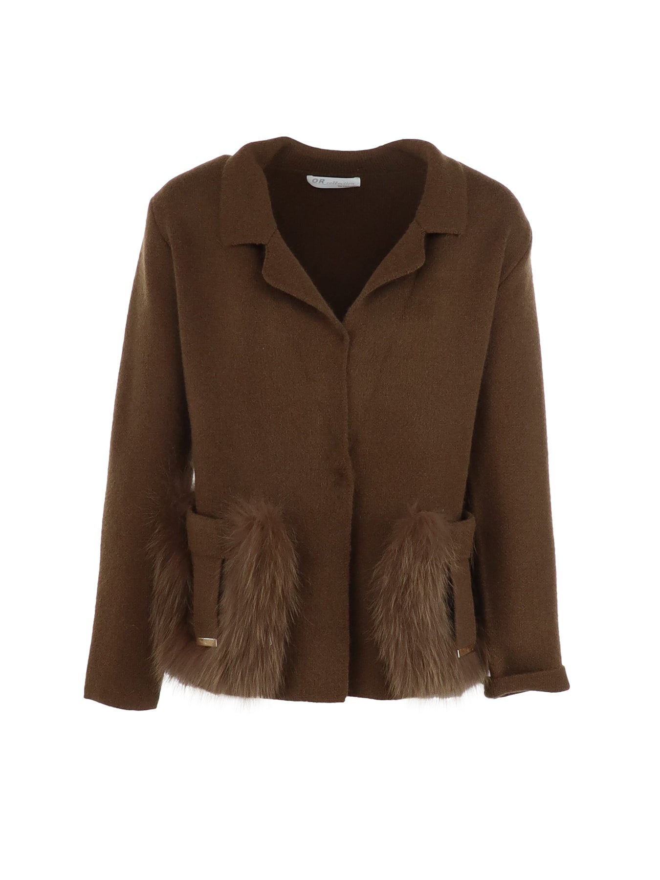 ORI – Jacke aus Kaschmirmischung in dunklem Kamelbraun mit Pelztaschen