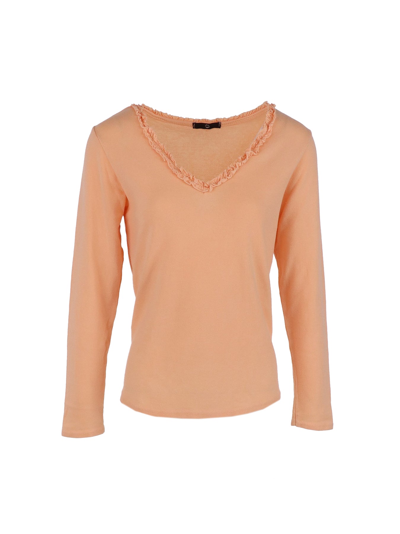 Lachsoranger Pullover mit Rüschen und V-Ausschnitt