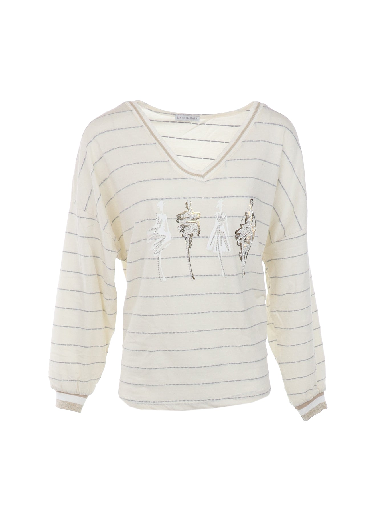 Beige gestreifter Pullover mit V-Ausschnitt und goldenen Mannequins