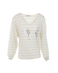Beige gestreifter Pullover mit V-Ausschnitt und goldenen Mannequins