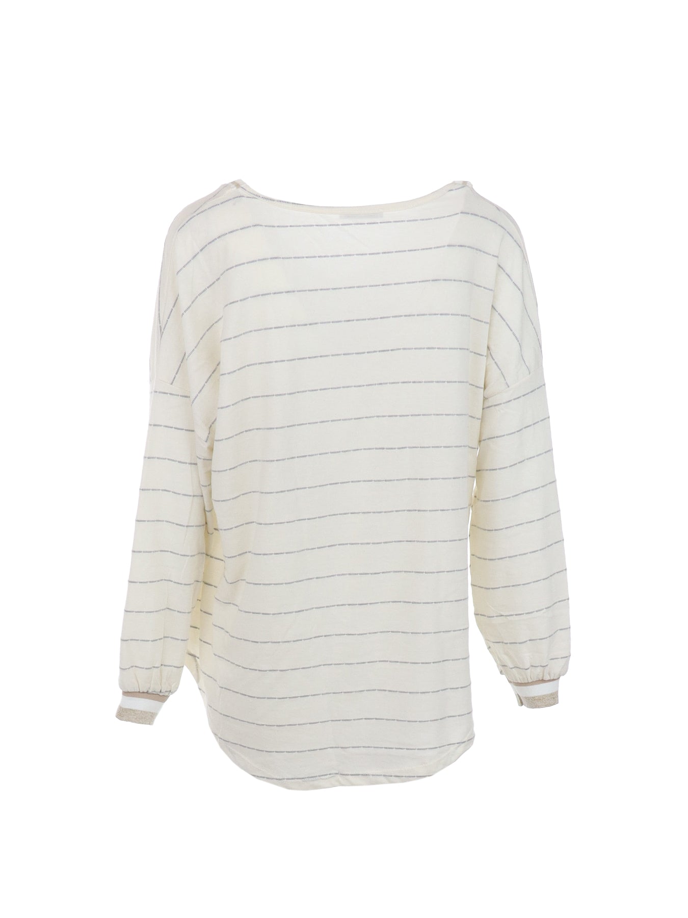 Beige gestreifter Pullover mit V-Ausschnitt und goldenen Mannequins