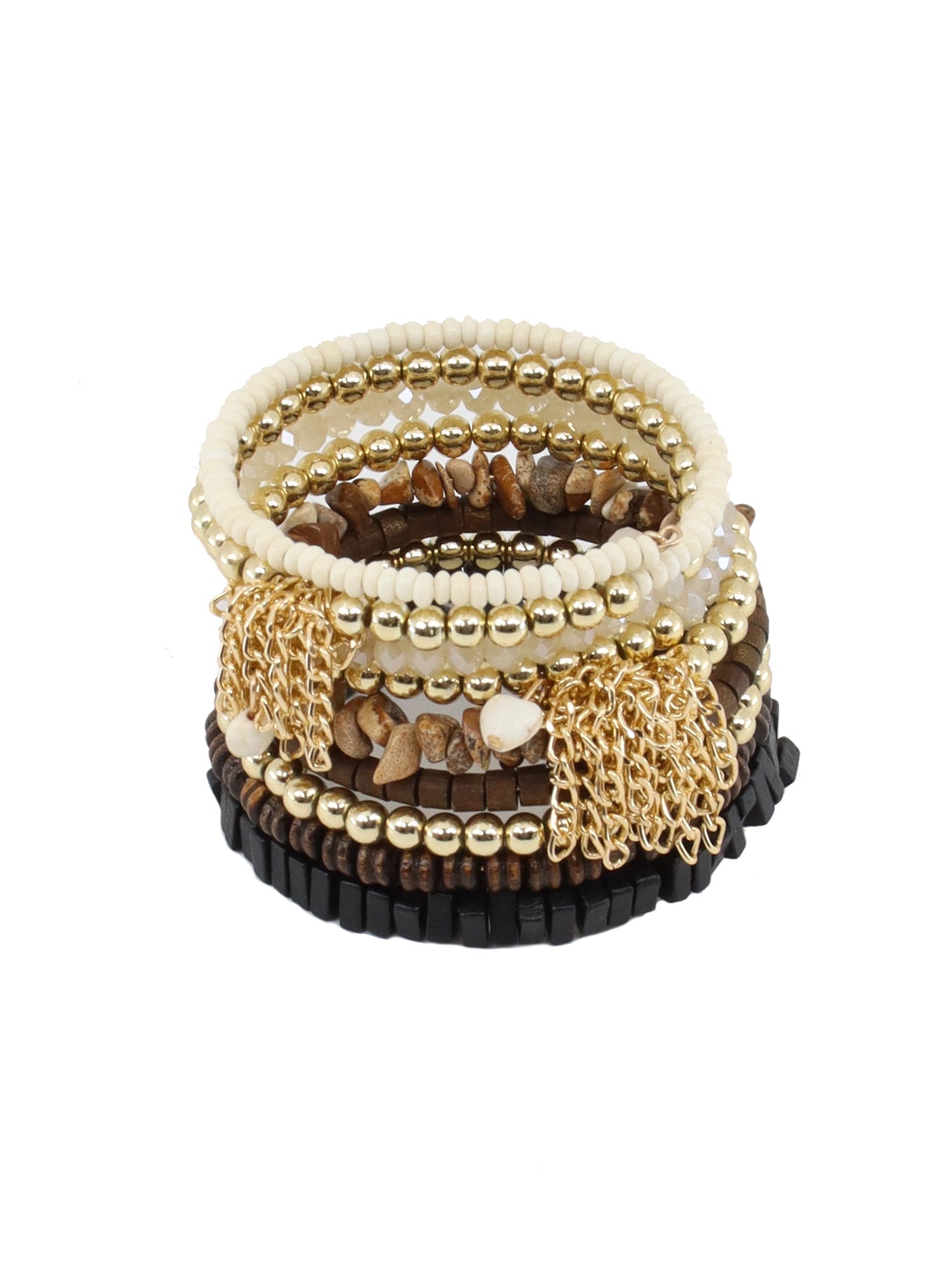 bracelet multi-rangs marron-écru chaine dorée