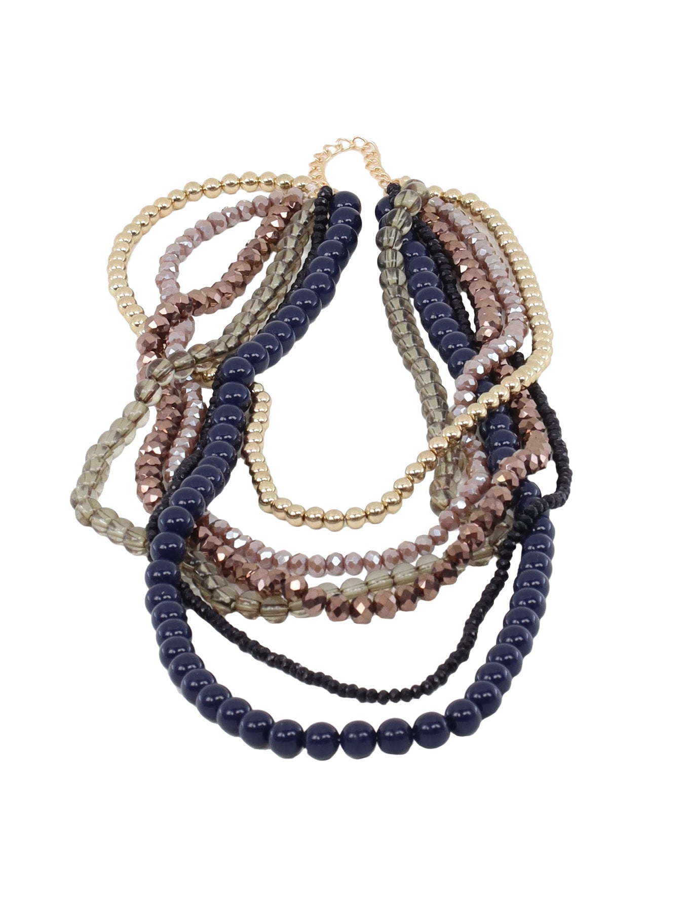 Collier 6 rangs pierres marine, doré-taupe
