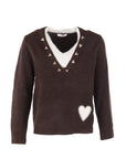 Pull col V bicolore COEUR taille coffee-écru