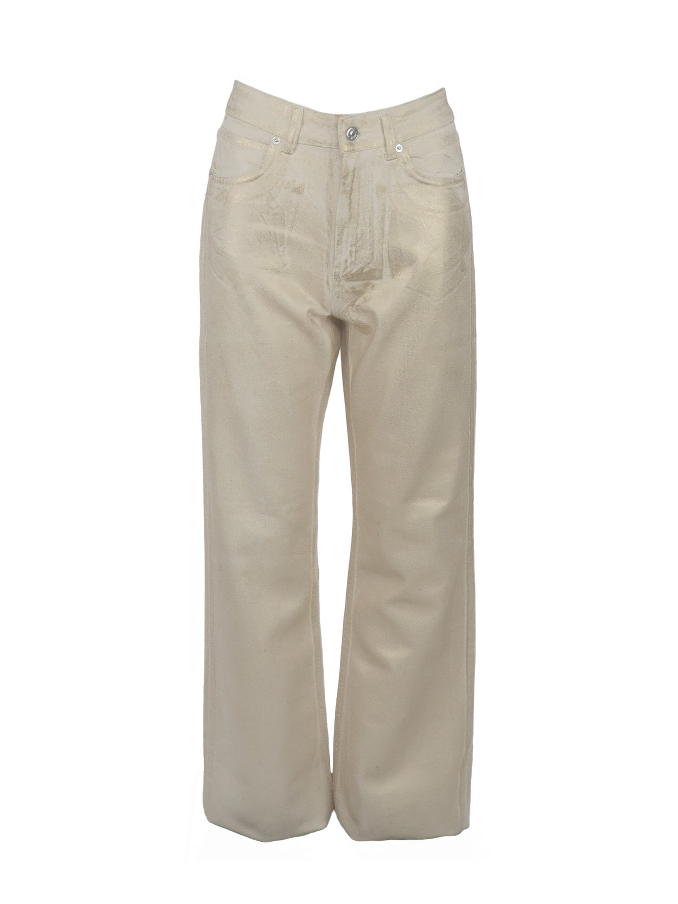 Ecrufarbene, metallische Jeans mit hoher Taille