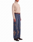 Jeans denim baroque fleurs beiges