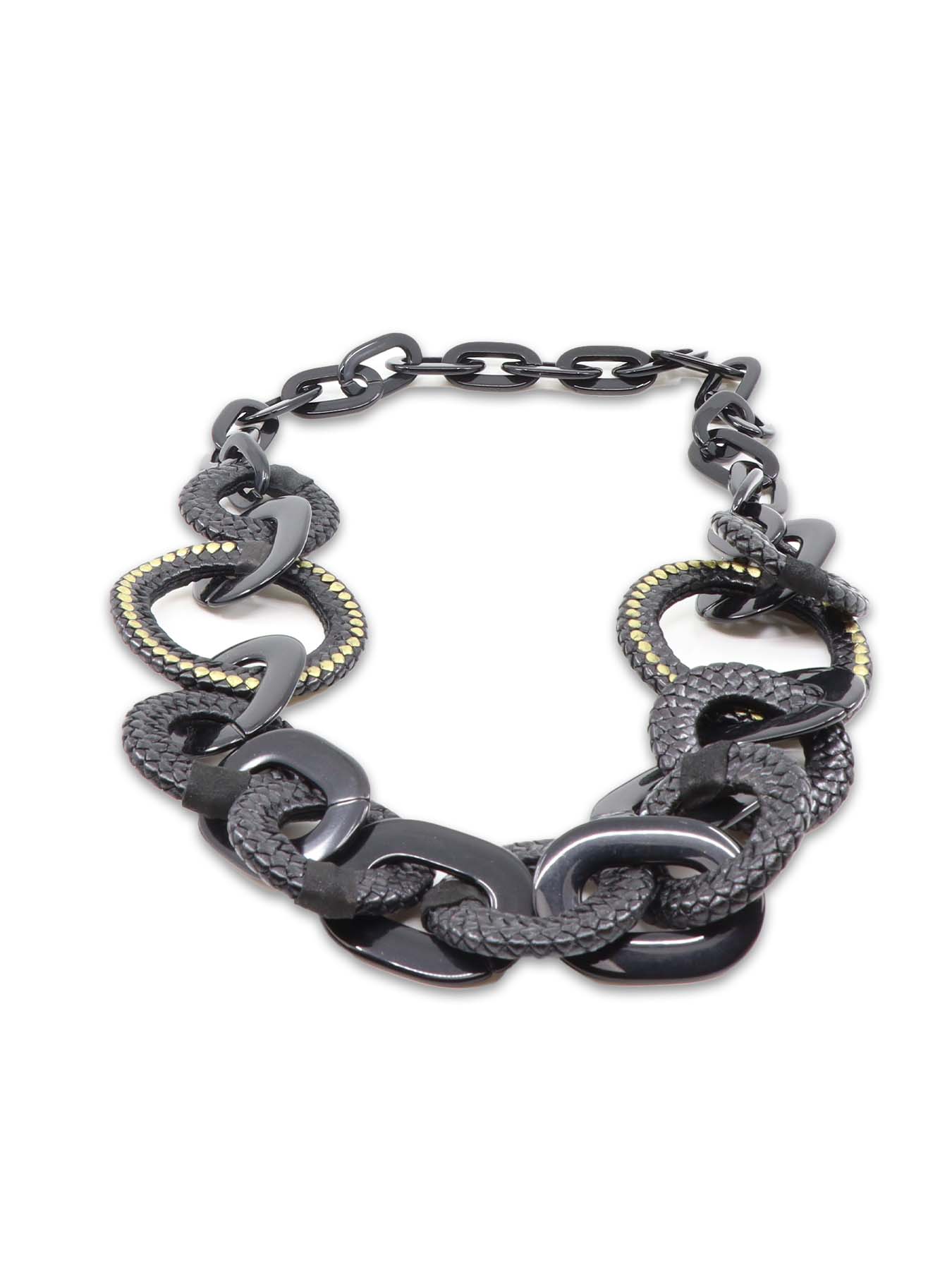 Schwarze Halskette mit schwarz/goldenen Ringen