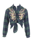 Chemise à carreaux bleu/vert broderie fleurs Carla