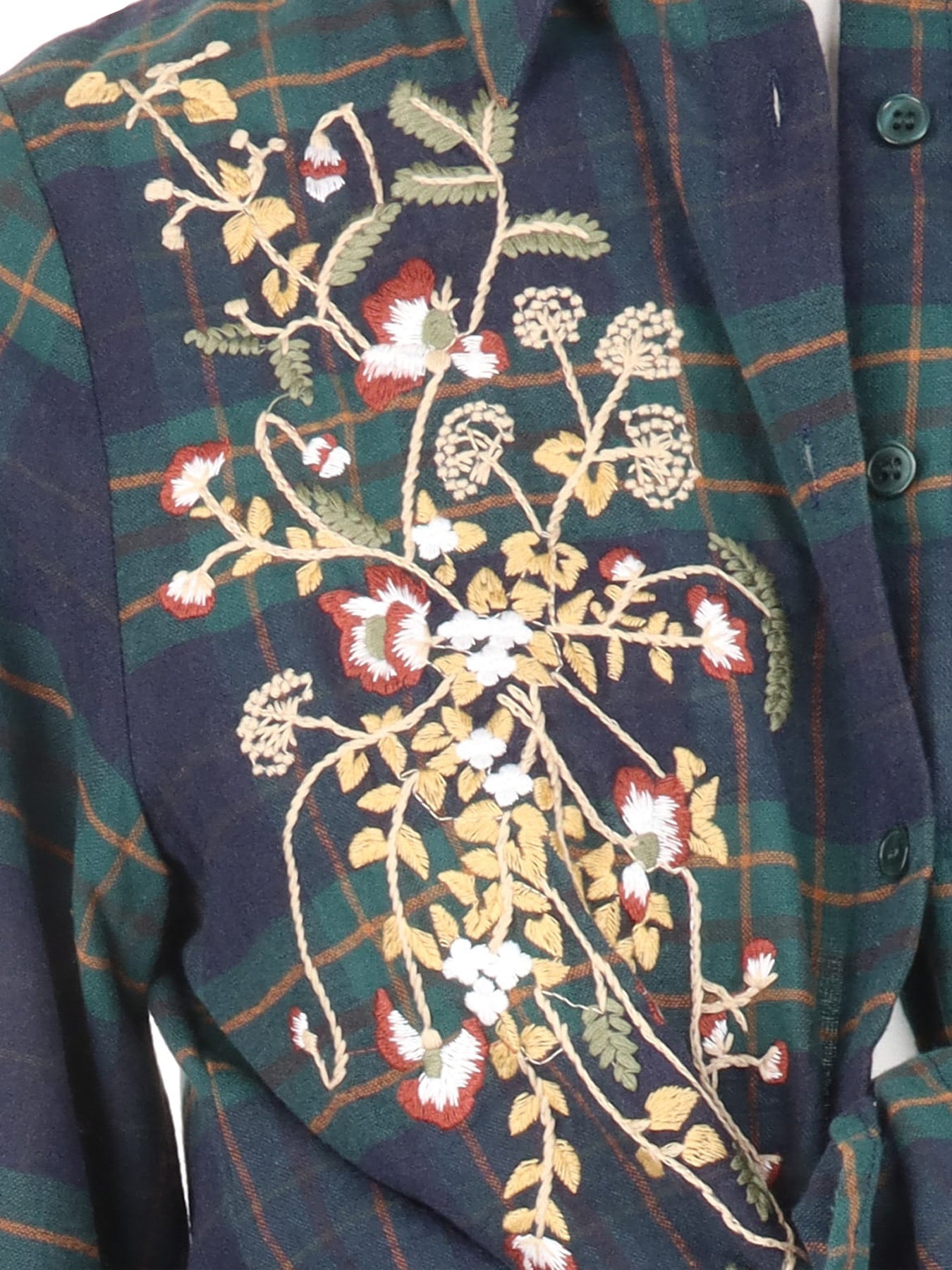Chemise à carreaux bleu/vert broderie fleurs Carla