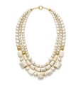 Collier fantaisie 3 rangs perles écru/argent/doré