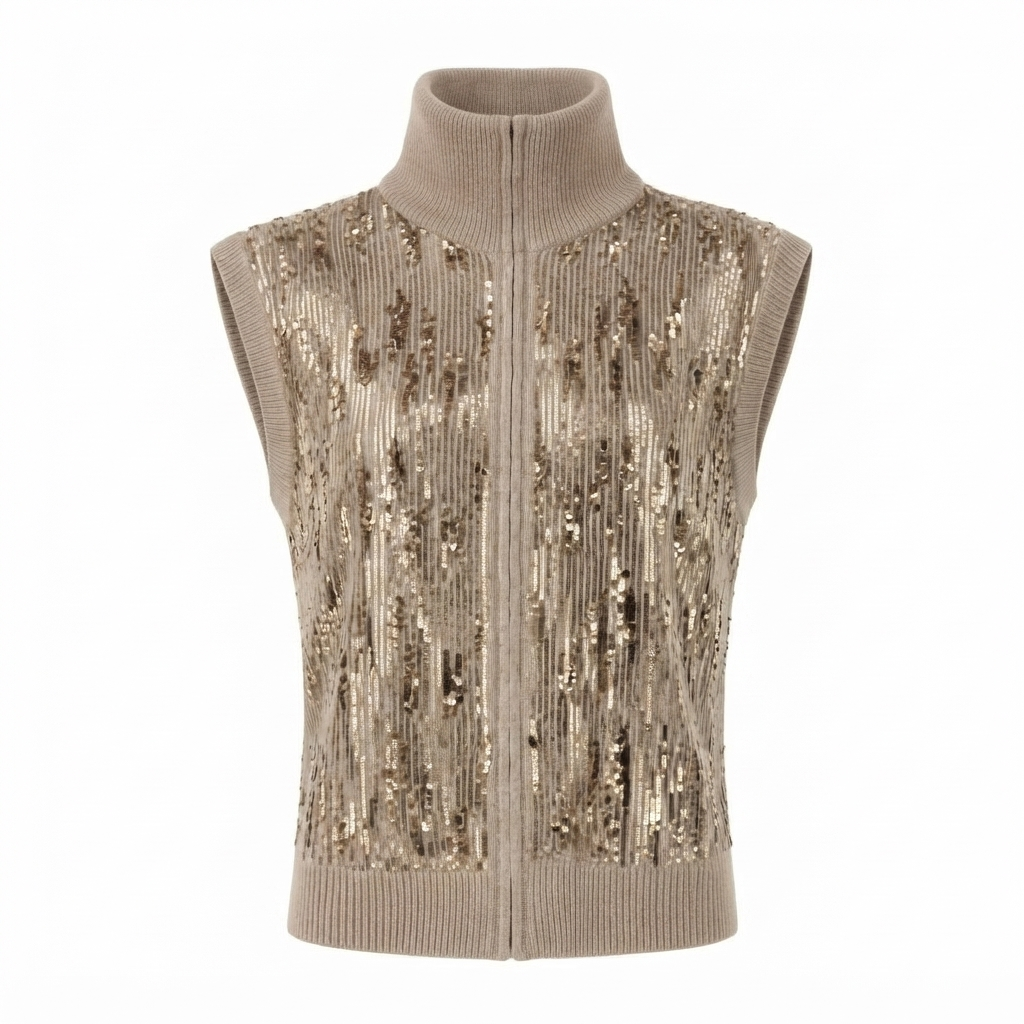 INTERDEE gilet col cheminée taupe sequins