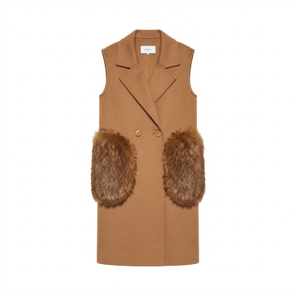 Cognac-colored vest with two fur pockets