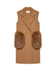 Cognac-colored vest with two fur pockets