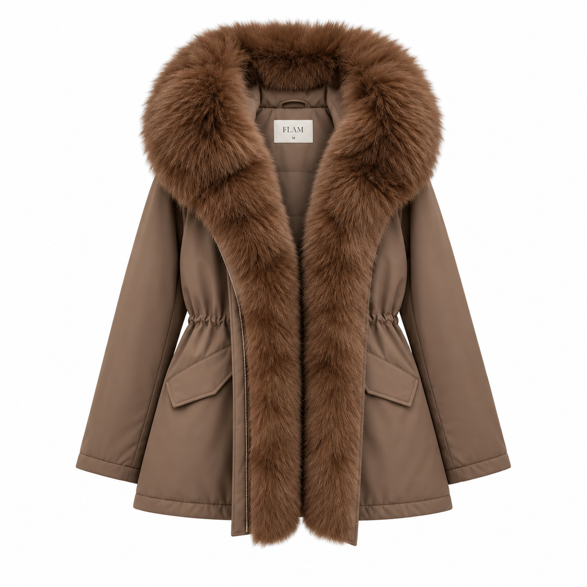 Parka col fourrure mi-longue camel