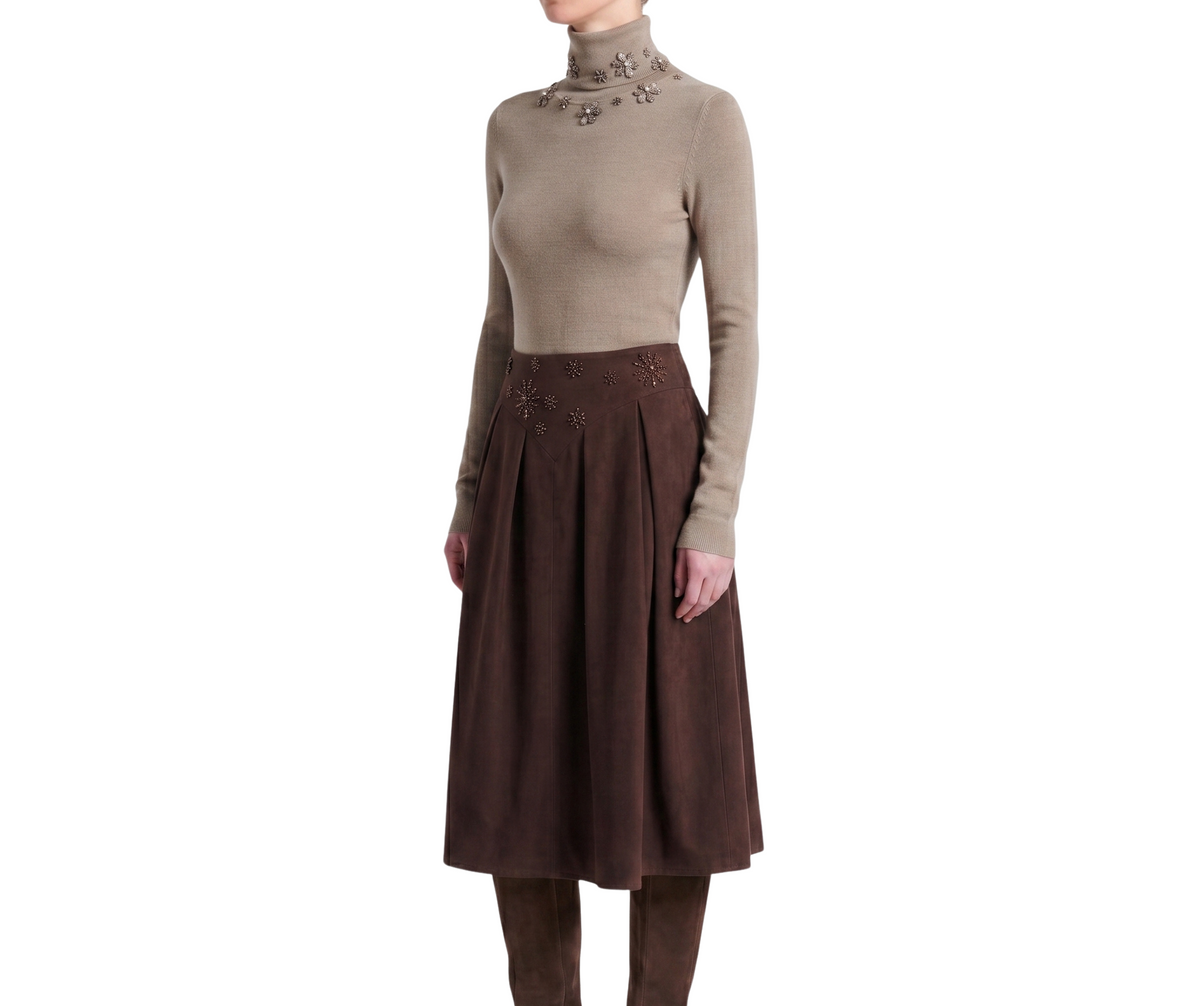 INTERDEE pull taupe orné de flocons sequins col