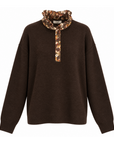Pull maille cacao col chemise frou / motifs fleurs
