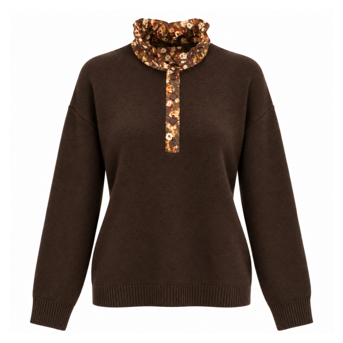 Pull maille cacao col chemise frou / motifs fleurs