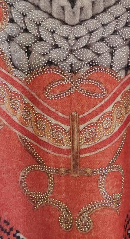 Pull beige/orange imprimé orné de strass