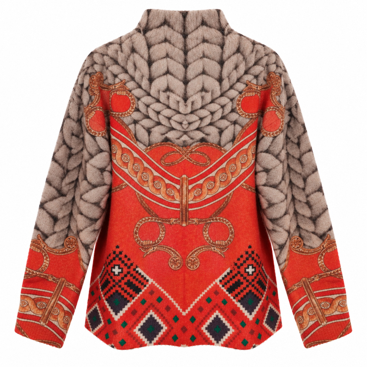 Pull beige/orange imprimé orné de strass