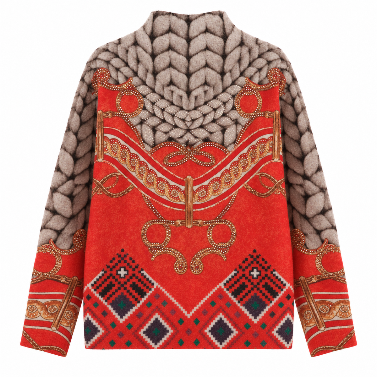 Pull beige/orange imprimé orné de strass