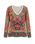 Pull fin lurex col V camel éléphant dos