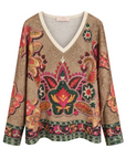 Pull fin lurex col V camel éléphant dos