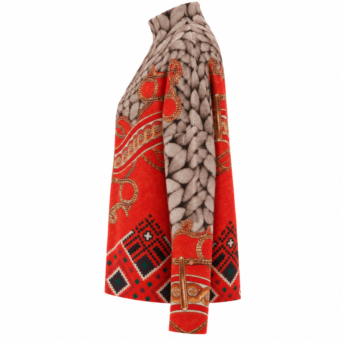 Pull beige/orange imprimé orné de strass